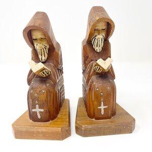 Vintage Religious Hooded Saint Wood Carved Library Bookends